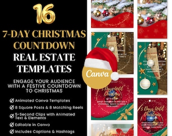 7-Day Christmas Countdown Real Estate Templates | Editable Canva Social Media Pack | Animated Instagram Posts & Reels | Instant Download