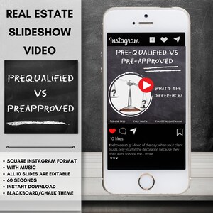 May include: A smartphone screen displaying an Instagram post about pre-qualified vs. pre-approved mortgages. The post features a scale with question marks on each side and a play button in the middle. The text "What's the difference?" is written below the scale. The post has 10 likes and a comment from thehouselab.gr.