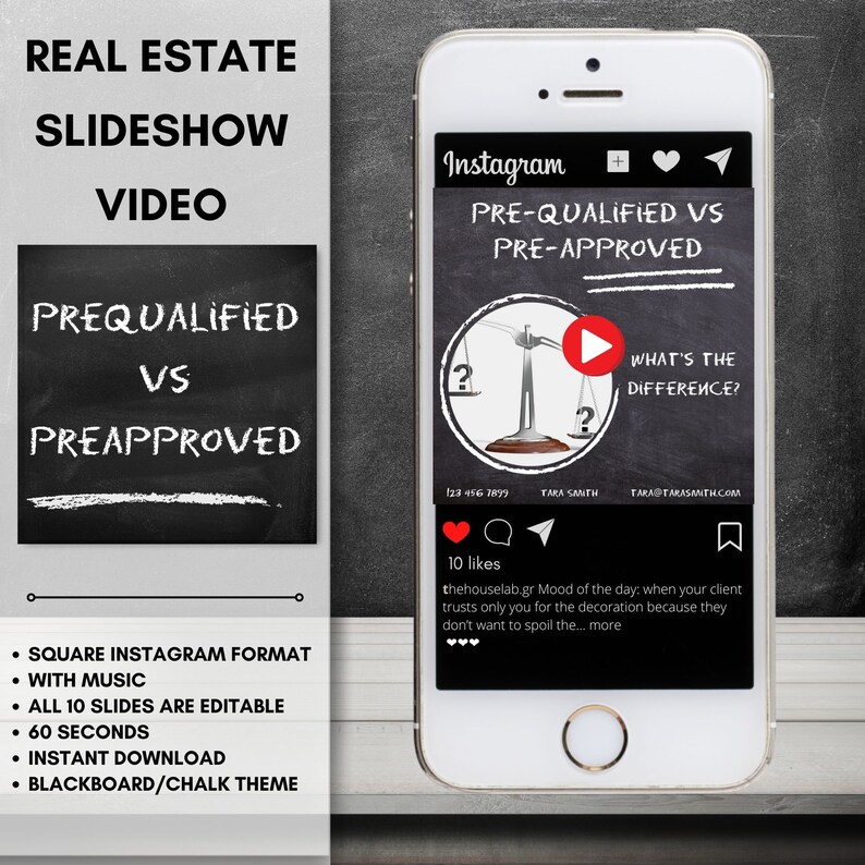 May include: A smartphone screen displaying an Instagram post about pre-qualified vs. pre-approved mortgages. The post features a scale with question marks on each side and a play button in the middle. The text "What's the difference?" is written below the scale. The post has 10 likes and a comment from thehouselab.gr.