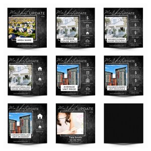 Peut inclure: Un graphique noir et blanc avec un fond textur&eacute;. Le graphique pr&eacute;sente une image stylis&eacute;e d'une maison avec le texte "Market Update" et "Area Name" en blanc. Le texte "www.websitename.com" est &eacute;galement inclus en blanc.