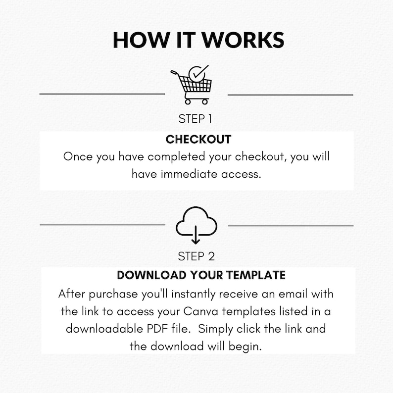 May include: A two-step process for downloading Canva templates. Step 1: Checkout. Step 2: Download your template. After purchase, you'll receive an email with a link to access your Canva templates in a downloadable PDF file.