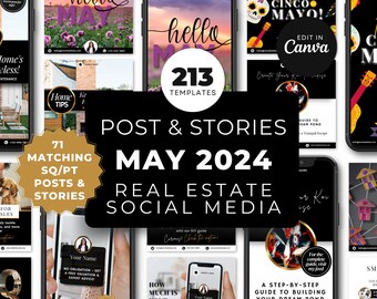 May 2024 Real Estate Social Media Templates, Posts & Stories, Canva Templates with Captions, Real Estate Marketing, Real Estate Templates