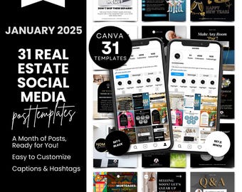 31 Real Estate Social Media Templates | January 2025 Content Calendar | Realtor Canva Posts with Captions for Instagram, Facebook Marketing