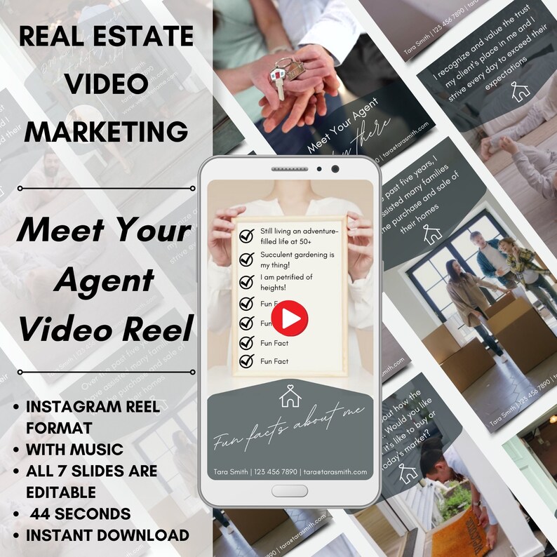 May include: A phone screen displaying a video reel template for real estate agents. The template includes a video player, text slides, and a call to action. The text on the screen reads "Meet Your Agent Video Reel", "Instagram Reel Format", "With Music", "All 7 Slides Are Editable", "44 Seconds", "Instant Download", and "Fun Facts About Me".