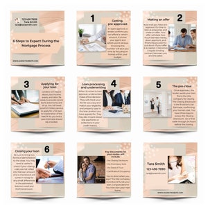 May include: A six-step infographic with a pink and brown color scheme, outlining the mortgage process. The infographic includes text and illustrations of people interacting with a mortgage lender.