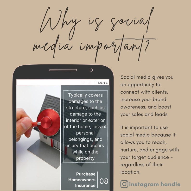 May include: A smartphone screen displaying a graphic about the importance of social media for business. The graphic features a house with a stethoscope on it, and text that reads "Why is social media important?" and "Social media gives you an opportunity to connect with clients, increase your brand awareness, and boost your sales and leads."