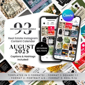 May include: An Instagram post bundle for real estate, featuring two smartphones displaying various social media templates. The bundle includes 93 Instagram posts and 31 reel posts for August 2025, with captions and hashtags. Templates are available in square, portrait, and reel formats.
