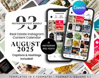 August 2025 Real Estate Instagram Posts | 93 Templates | Canva Instagram Content | Square + Reel + 4:5 | Captions & Hashtags