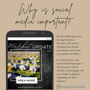 Peut inclure: Une image en noir et blanc d'un &eacute;cran de smartphone affichant une mise &agrave; jour du march&eacute; immobilier. L'&eacute;cran affiche une photo d'un quartier avec des maisons et des arbres. Le texte sur l'&eacute;cran indique "Market Update" et "Area Name". Le texte sur l'&eacute;cran indique &eacute;galement "Why is social media important?" et explique comment les m&eacute;dias sociaux peuvent aider les entreprises &agrave; se connecter avec les clients, &agrave; accro&icirc;tre la notori&eacute;t&eacute; de la marque et &agrave; stimuler les ventes et les prospects.