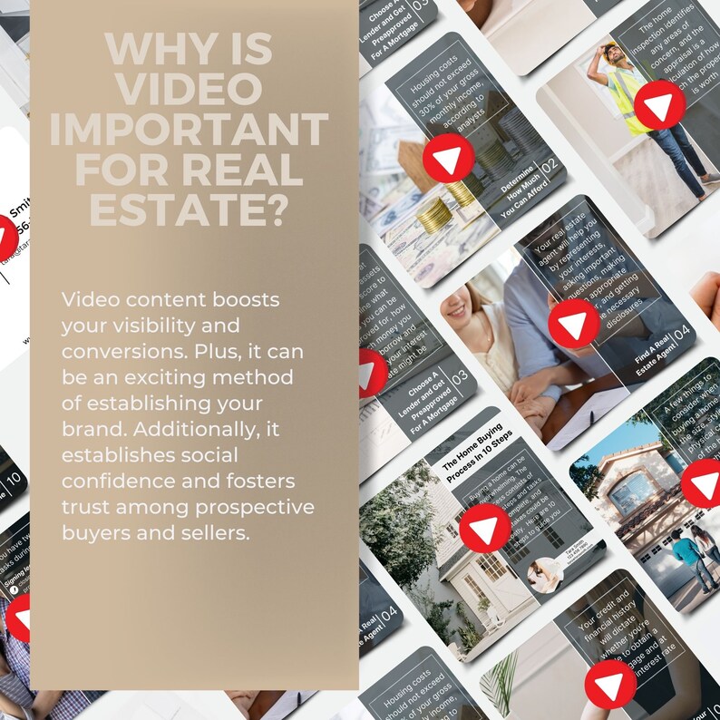 May include: A collage of colorful cards with tips for buying and selling real estate. The cards feature illustrations of people, houses, and money. The text on the cards includes phrases like "Find a Real Estate Agent", "Determine How Much You Can Afford", and "Choose a Lender and Get Preapproved for a Mortgage".