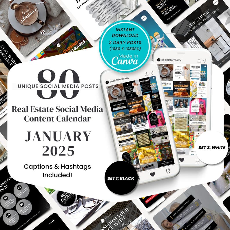 Real Estate Social Media Templates, Posts, Content, Marketing, Calendar