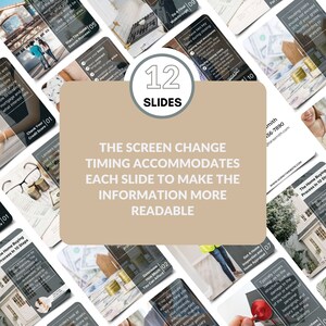 May include: A beige and brown illustration of 12 slides with the text "The Screen Change Timing Accommodates Each Slide to Make the Information More Readable" in the center. The slides are numbered 1 through 12 and each slide has a different topic related to buying a home.