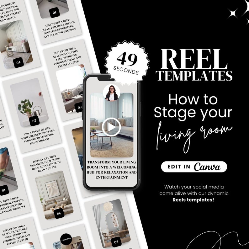 Real Estate Instagram Reel Template for Living Room Staging Instant Download, Easy Edit Canva Template for Agents Realtor Marketing Tool image 1