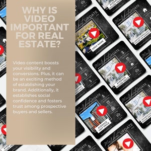 Peut inclure: Un collage de cartes noires et blanches avec une ic&ocirc;ne de bouton de lecture et le texte "Market Update". Les cartes pr&eacute;sentent diff&eacute;rentes statistiques immobili&egrave;res, telles que le prix moyen des maisons, le prix moyen des unit&eacute;s et la plus grande et la plus petite maison sur le march&eacute;. Le texte "Pourquoi la vid&eacute;o est-elle importante pour l'immobilier ?" est dans le coin sup&eacute;rieur gauche de l'image.