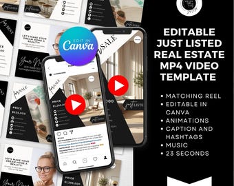 Editable Just Listed Real Estate MP4 Video Template + Matching Reel | Canva Social Media Templates | Customizable Marketing for Realtors