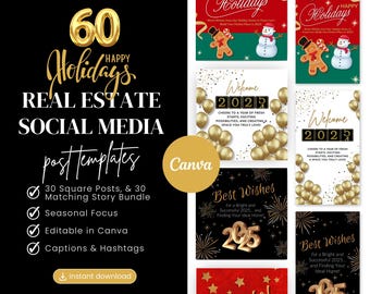 60 Real Estate Holiday Templates | Canva Editable Social Media Posts | Christmas and New Year Posts & Stories | Marketing for Agents | Agent