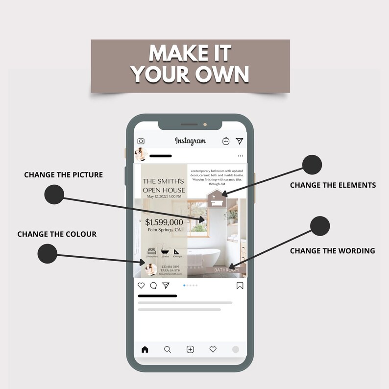 May include: A smartphone displays an Instagram post promoting an open house. The post includes the text "MAKE IT YOUR OWN", "THE SMITH'S OPEN HOUSE", and a price of $1,599,000. Arrows point to elements labeled "CHANGE THE PICTURE", "CHANGE THE COLOUR", "CHANGE THE ELEMENTS", and "CHANGE THE WORDING".