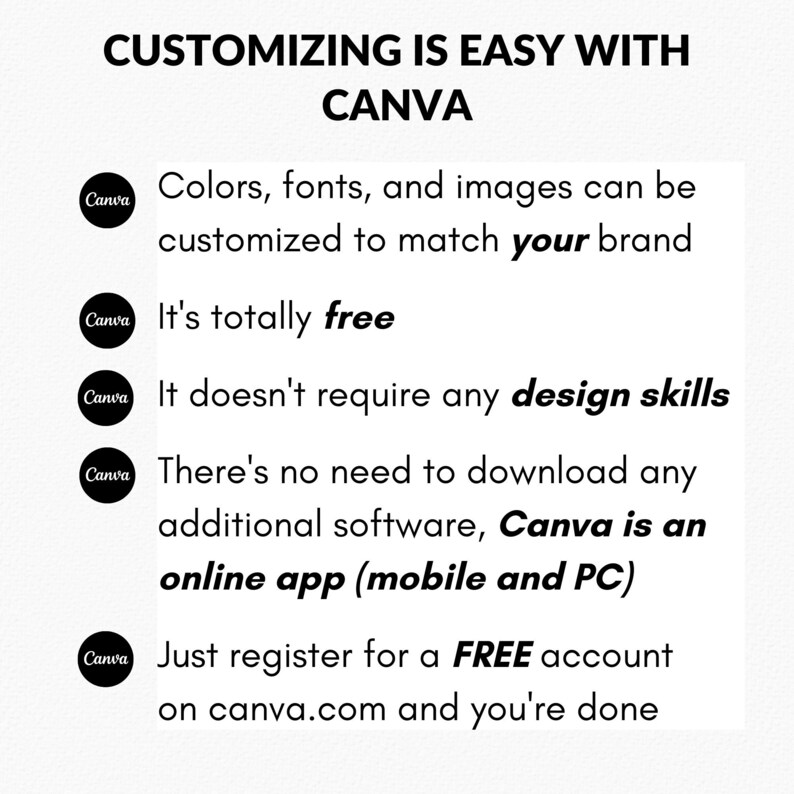 May include: White graphic with the text "CUSTOMIZING IS EASY WITH CANVA". The text explains that colors, fonts, and images can be customized, it's free, requires no design skills, and is an online app. Register for a free account.
