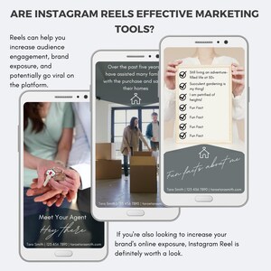 May include: A collage of three phone screens showing examples of Instagram Reels for real estate agents. The first screen shows a couple moving into a new home. The second screen shows a real estate agent holding keys. The third screen shows a list of fun facts about the agent. The text on the screens reads "Are Instagram Reels Effective Marketing Tools?" and "Meet Your Agent Hey There".