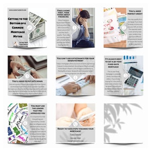 May include: A collage of six images with tips for buying a home. The images feature text, illustrations, and photos of hands holding money. The text includes phrases like "Getting to the Bottom of 6 Common Mortgage Myths", "Find a Home First, Then Think About Financing", "You'll Need to Put 20% Down", "You Can't Use Gifts/Grants for Your Down Payment", "It's Always Best to Get a 30-Year Fixed-Rate Mortgage", and "You'll Need Perfect Credit".