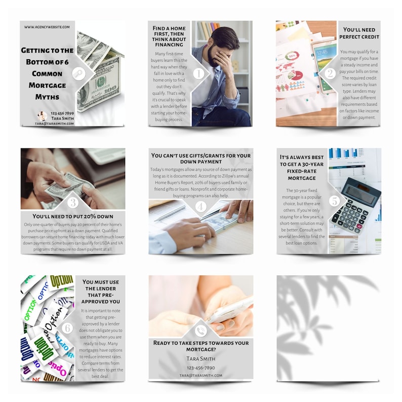 May include: A collage of six images with tips for buying a home. The images feature text, illustrations, and photos of hands holding money. The text includes phrases like "Getting to the Bottom of 6 Common Mortgage Myths", "Find a Home First, Then Think About Financing", "You'll Need to Put 20% Down", "You Can't Use Gifts/Grants for Your Down Payment", "It's Always Best to Get a 30-Year Fixed-Rate Mortgage", and "You'll Need Perfect Credit".