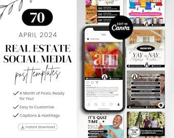 Real Estate Social Media Templates, Posts, Content, Marketing, Calendar - April 2024, | Realtor Canva | Engaging Captions | Editable | Insta