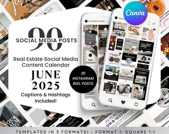 June 2025 Real Estate Social Media Posts | 90 Templates | Canva Instagram Content | Square + Reel + 4:5 | Captions & Hashtags