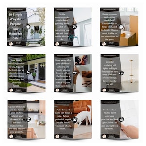 May include: A collage of nine images with tips for preparing a home for sale. The images include a person painting a wall, a person decluttering a room, a person planting flowers, a person removing artwork from a wall, a person replacing light fixtures, a person updating kitchen cabinet knobs, a person cleaning pet stains, a person painting a wall, and a person painting a wall.