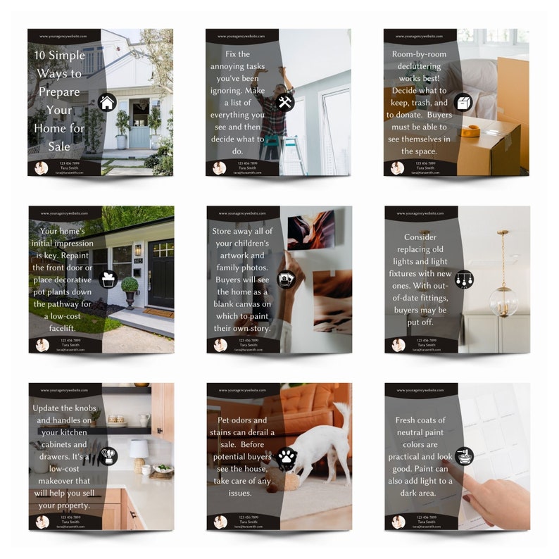 May include: A collage of nine images with tips for preparing a home for sale. The images include a person painting a wall, a person decluttering a room, a person planting flowers, a person removing artwork from a wall, a person replacing light fixtures, a person updating kitchen cabinet knobs, a person cleaning pet stains, a person painting a wall, and a person painting a wall.