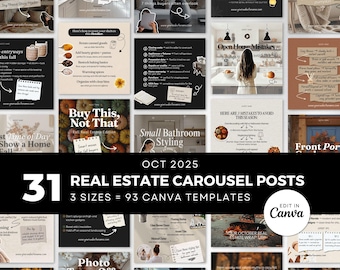 October Real Estate Canva Templates | 31 Carousel Posts for Instagram Facebook | Editable Square Vertical Story Sizes with Captions Hashtags