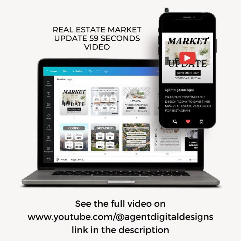 K&ouml;nnte beinhalten: Ein Laptop-Bildschirm zeigt ein Video mit einer Aktualisierung des Immobilienmarktes. Das Video tr&auml;gt den Titel "Markt-Update" und verf&uuml;gt &uuml;ber einen Wiedergabe-Button. Das Video spielt in Scottsdale, Arizona. Der Bildschirm zeigt auch eine Reihe von Folien mit Immobiliendaten, darunter durchschnittliche Verkaufspreise und Markttrends. Der Text "agentdigitaldesigns" wird auf dem Bildschirm angezeigt, zusammen mit einem Call-to-Action, um ein anpassbares Design f&uuml;r einen Immobilien-Videobeitrag zu erhalten.