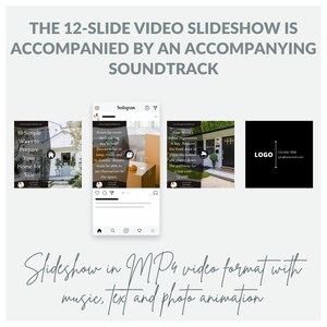 May include: A 12-slide video slideshow with music, text, and photo animation. The slideshow is accompanied by an accompanying soundtrack. The slideshow is for preparing a home for sale. The slides include tips on decluttering, staging, and curb appeal. The slideshow is in MP4 video format.