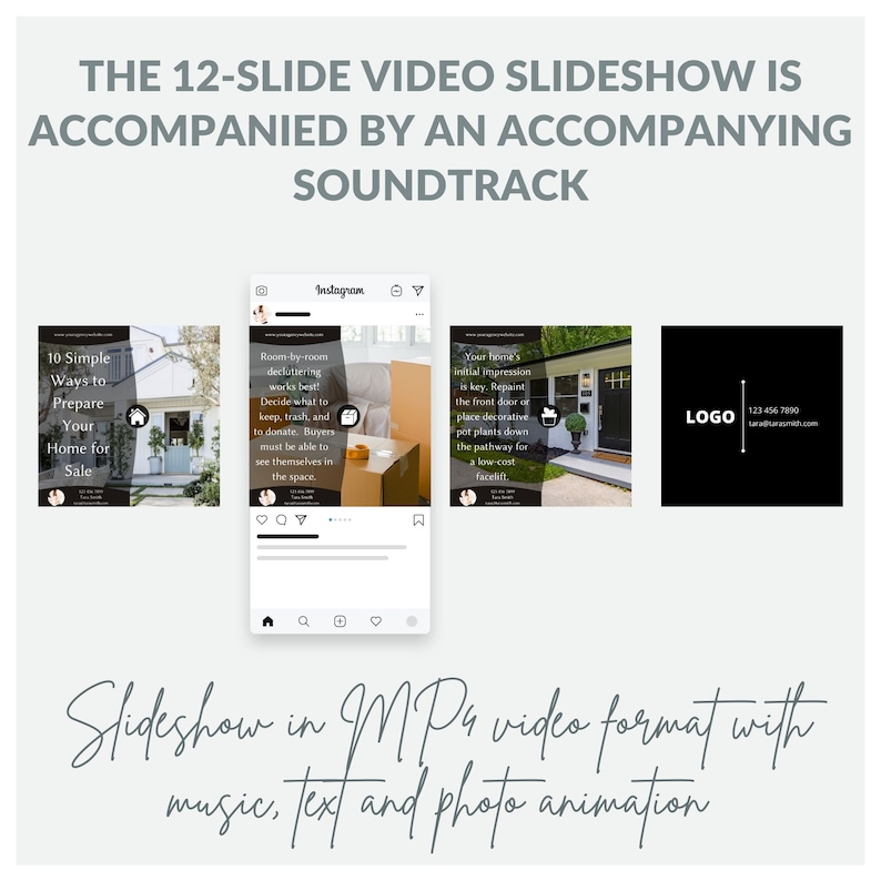 May include: A 12-slide video slideshow with music, text, and photo animation. The slideshow is accompanied by an accompanying soundtrack. The slideshow is for preparing a home for sale. The slides include tips on decluttering, staging, and curb appeal. The slideshow is in MP4 video format.