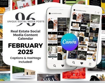 Real Estate Social Media Templates, Posts, Content, Marketing, Calendar - February 2025, | Realtor Canva | Captions | Instagram | Agent