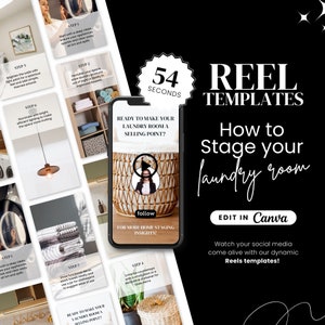 May include: A phone screen displaying a reel template for staging a laundry room. The template includes a video of a woman talking about how to stage a laundry room, and a series of steps with images and text. The text on the phone screen reads "Ready to make your laundry room a selling point?" and "54 seconds". The text on the phone screen also includes the steps to stage a laundry room, such as "Start with a deep clean", "Declutter your space", "Illuminate with bright, efficient lighting", "Show functional decor", "Enhance countertops", and "Ready to make your laundry room a selling point?"