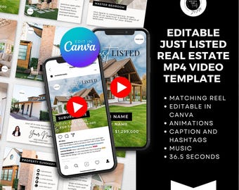 Editable Just Listed Real Estate MP4 Video Template + Matching Reel | Canva Social Media Templates | Customizable Marketing for Realtors