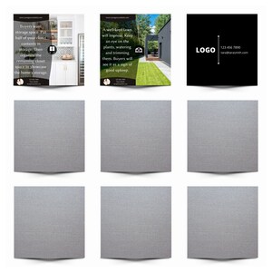 May include: A tri-fold brochure with a black and white design. The front panel features a house with a green lawn and a black fence. The back panel features a kitchen with white cabinets and a stainless steel refrigerator. The inside panel features text about home staging tips. The brochure also includes a business card with a logo and contact information.
