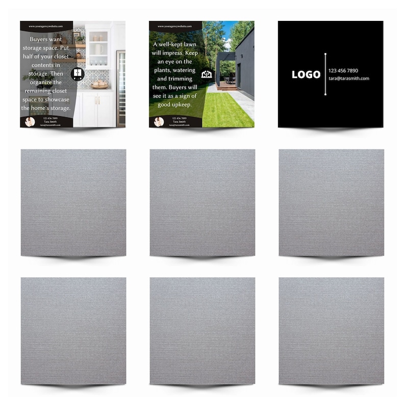 May include: A tri-fold brochure with a black and white design. The front panel features a house with a green lawn and a black fence. The back panel features a kitchen with white cabinets and a stainless steel refrigerator. The inside panel features text about home staging tips. The brochure also includes a business card with a logo and contact information.