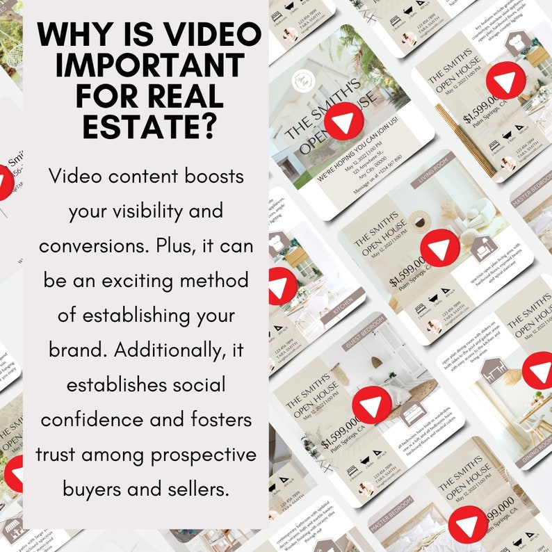 May include: Image promoting real estate video content. Text reads: "WHY IS VIDEO IMPORTANT FOR REAL ESTATE?" and "Video content boosts your visibility and conversions." Several property listing mockups with play buttons are also visible.