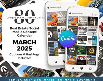 Real Estate Social Media Templates, Posts, Content, Marketing, Calendar - March 2025, | Realtor Canva | Captions | Instagram | Agent