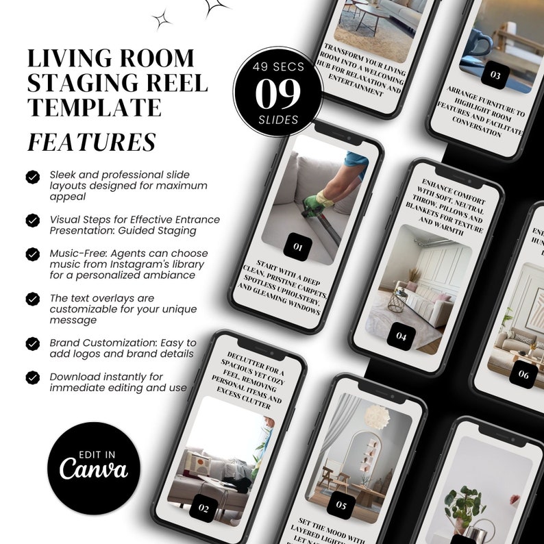 Real Estate Instagram Reel Template for Living Room Staging Instant Download, Easy Edit Canva Template for Agents Realtor Marketing Tool image 3