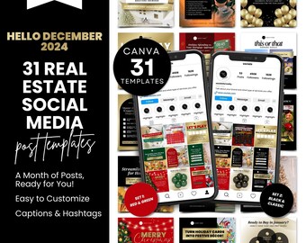 31 Real Estate Social Media Templates | December 2024 Content Calendar | Realtor Canva Posts with Captions for Instagram, Facebook Marketing