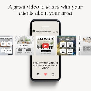 K&ouml;nnte beinhalten: Ein Telefonbildschirm, auf dem ein Video zur Aktualisierung des Immobilienmarktes mit einem Wiedergabebutton angezeigt wird. Das Video tr&auml;gt den Titel "Markt-Update" und enth&auml;lt Informationen zu den Trends des Immobilienmarktes in Scottsdale, Arizona. Das Video ist 59 Sekunden lang.