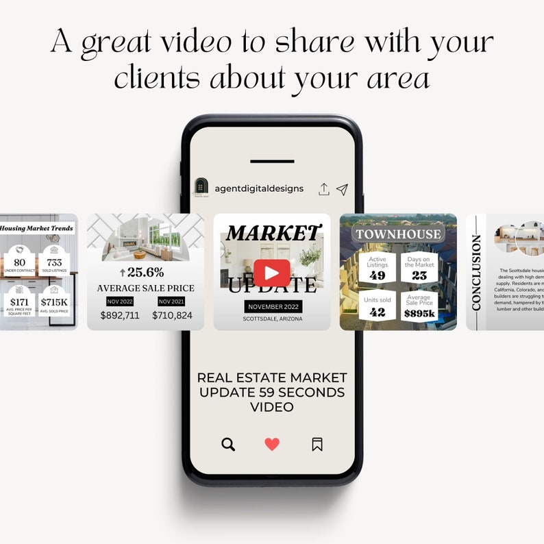 K&ouml;nnte beinhalten: Ein Telefonbildschirm, auf dem ein Video zur Aktualisierung des Immobilienmarktes mit einem Wiedergabebutton angezeigt wird. Das Video tr&auml;gt den Titel "Markt-Update" und enth&auml;lt Informationen zu den Trends des Immobilienmarktes in Scottsdale, Arizona. Das Video ist 59 Sekunden lang.