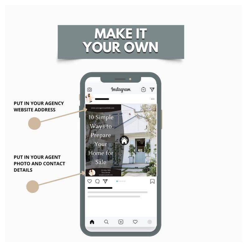 May include: A mobile phone screen displaying an Instagram post with a white house and the text "10 Simple Ways to Prepare Your Home for Sale". The post includes a website address, a realtor's name, and a call to action to learn more.
