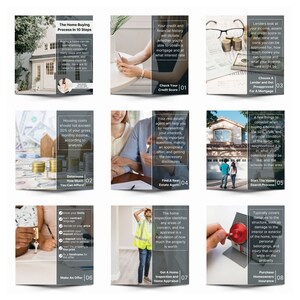 May include: A colorful infographic with 10 steps to buying a home. The infographic is divided into 10 squares, each with a different step and a number from 1 to 10. The steps include checking your credit score, finding a real estate agent, getting a home inspection, and purchasing homeowners insurance.