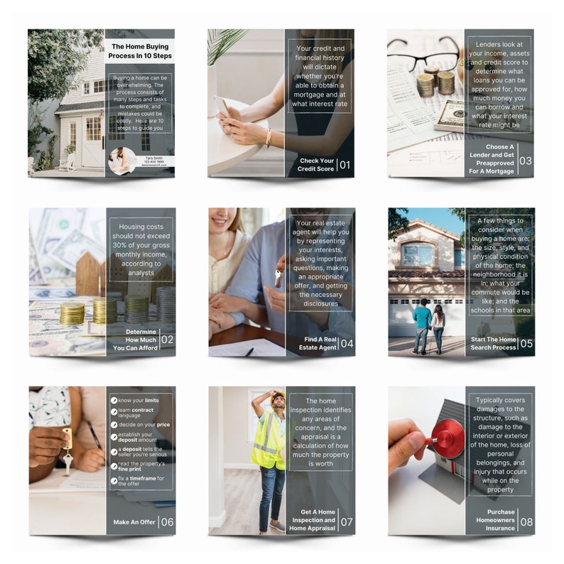 May include: A colorful infographic with 10 steps to buying a home. The infographic is divided into 10 squares, each with a different step and a number from 1 to 10. The steps include checking your credit score, finding a real estate agent, getting a home inspection, and purchasing homeowners insurance.