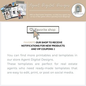 Peut inclure: Une boutique de design num&eacute;rique pour les agents immobiliers. Le texte "Favorite our shop to receive notifications for new products and VIP coupons :)" est affich&eacute; sur un fond beige.