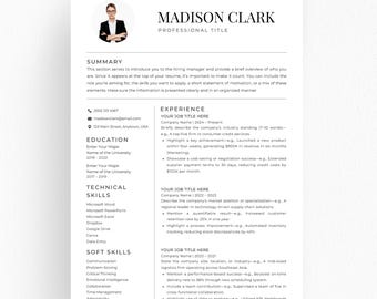 Professional Resume Template with Photo, Modern Resume Canva Word PowerPoint, Clean CV Template, Editable Instant Download