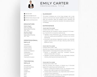 Modern Resume with Photo, Professional Resume Template Canva Word PowerPoint, Minimal CV, Editable Download